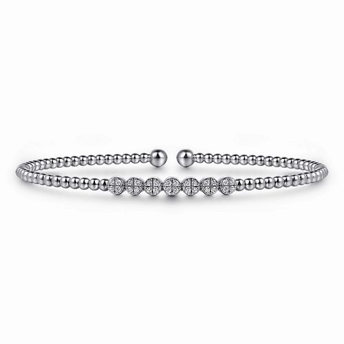 14K White Gold Bujukan Bead and Cluster Diamond Bangle Fashionable Detail