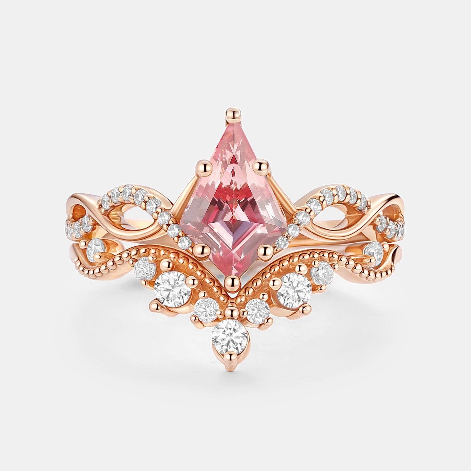 Infinity Kite Cut Lab Padparadscha Engagement Ring Set 2pcs Finest Touch