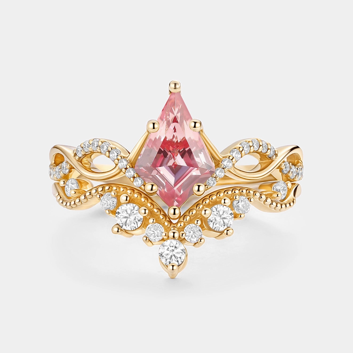 Premium Craft Infinity Kite Cut Lab Padparadscha Engagement Ring Set 2pcs