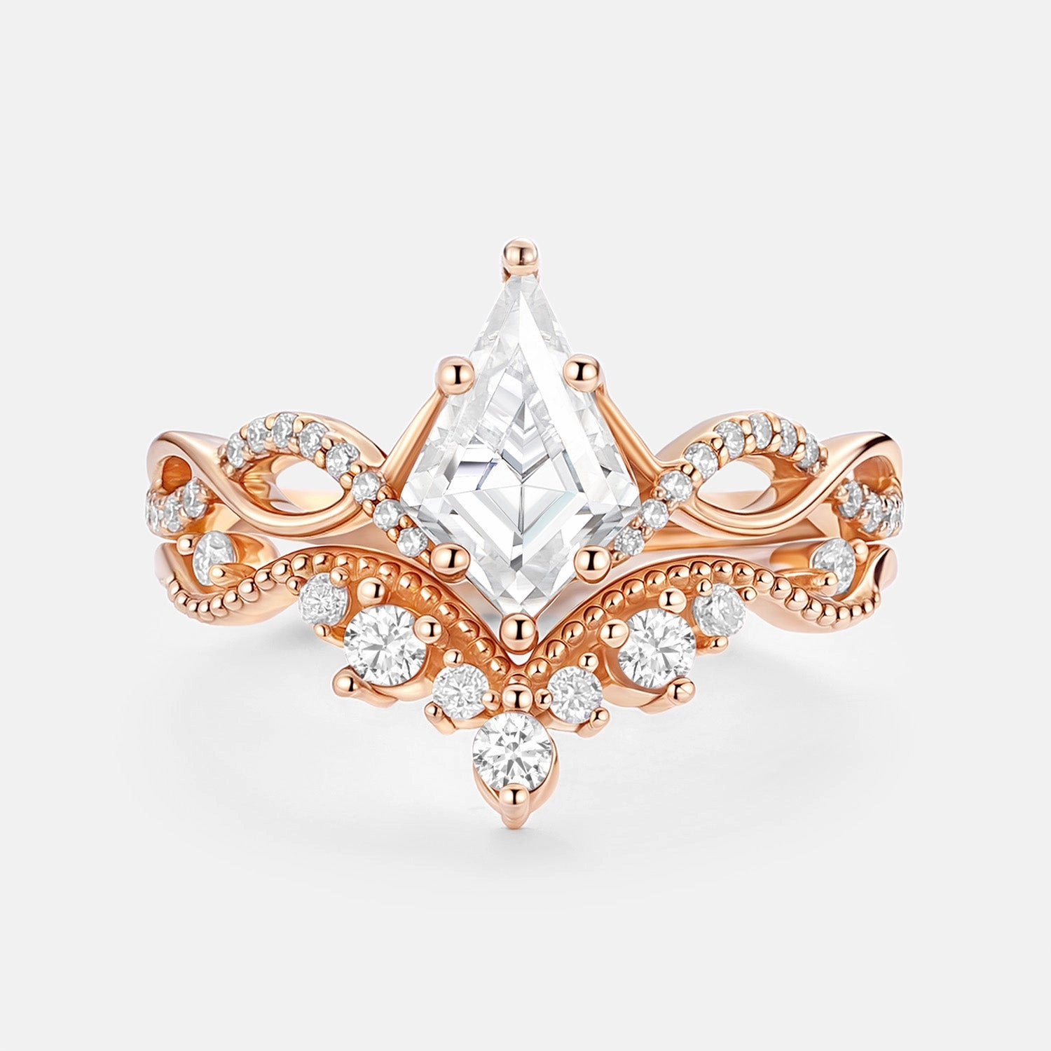 Simple pieces Essential Pair Infinity Kite Cut Lab Padparadscha Engagement Ring Set 2pcs