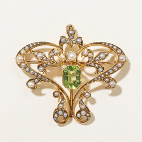Precious Jewelry Pieces Art Nouveau Peridot & Seed Pearl Convertible Brooch & Pendant | 2.00ct