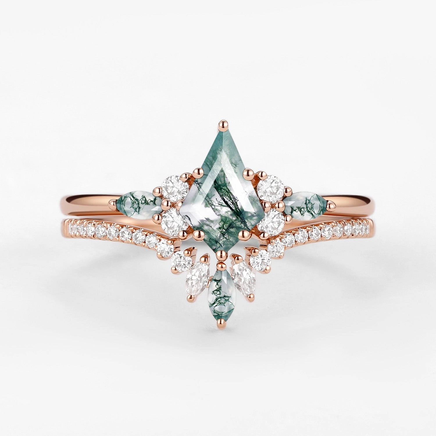 Kite Cut Green Moss Agate Three Stone Engagement Bridal Set 2pcs - Rebecca Artisan Sparkle