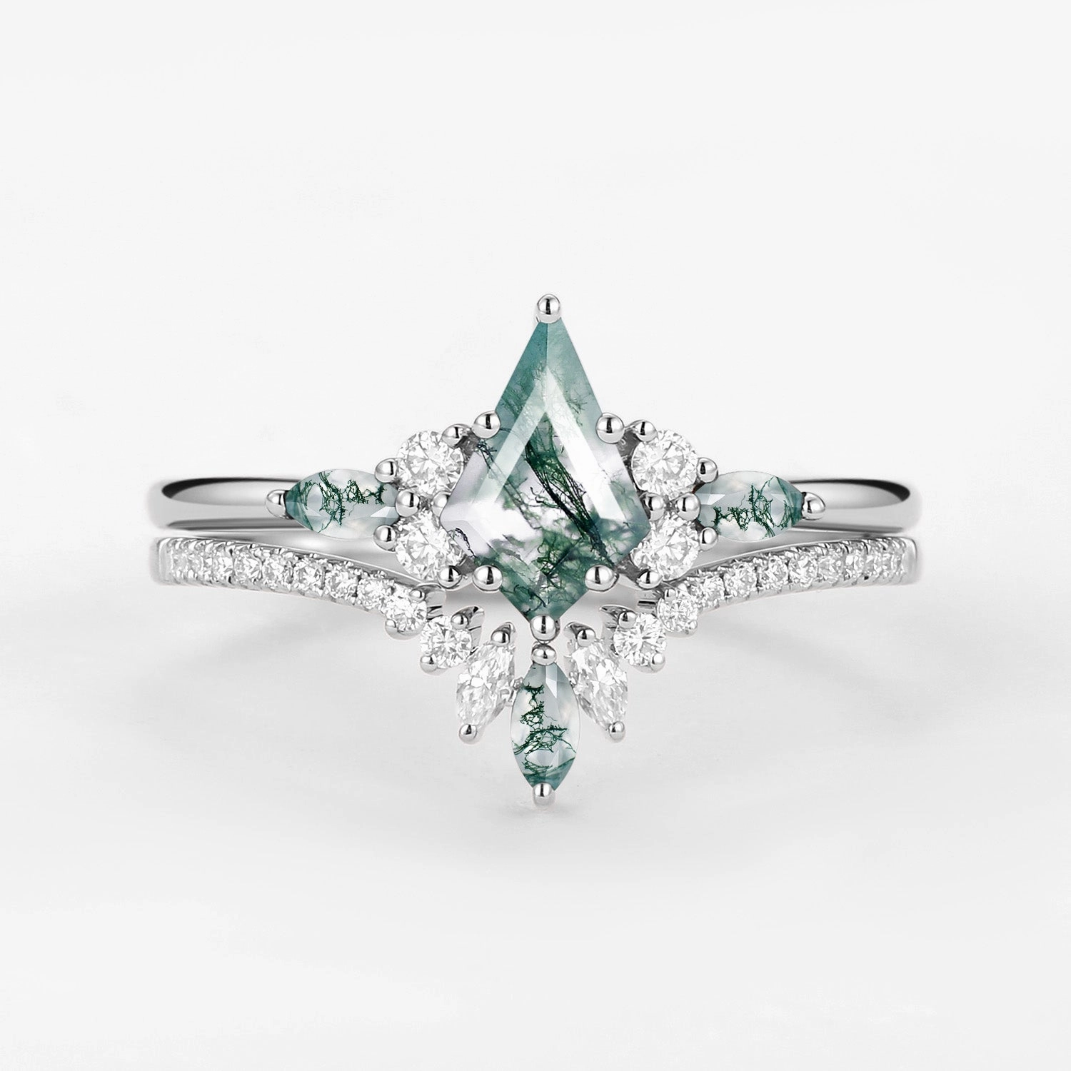 Kite Cut Green Moss Agate Three Stone Engagement Bridal Set 2pcs - Rebecca Distinctive Accent