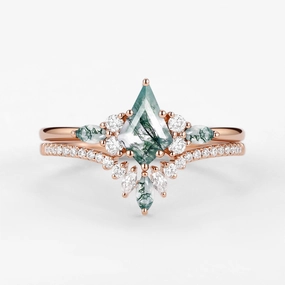 Kite Cut Green Moss Agate Three Stone Engagement Bridal Set 2pcs - Rebecca Artisan Sparkle