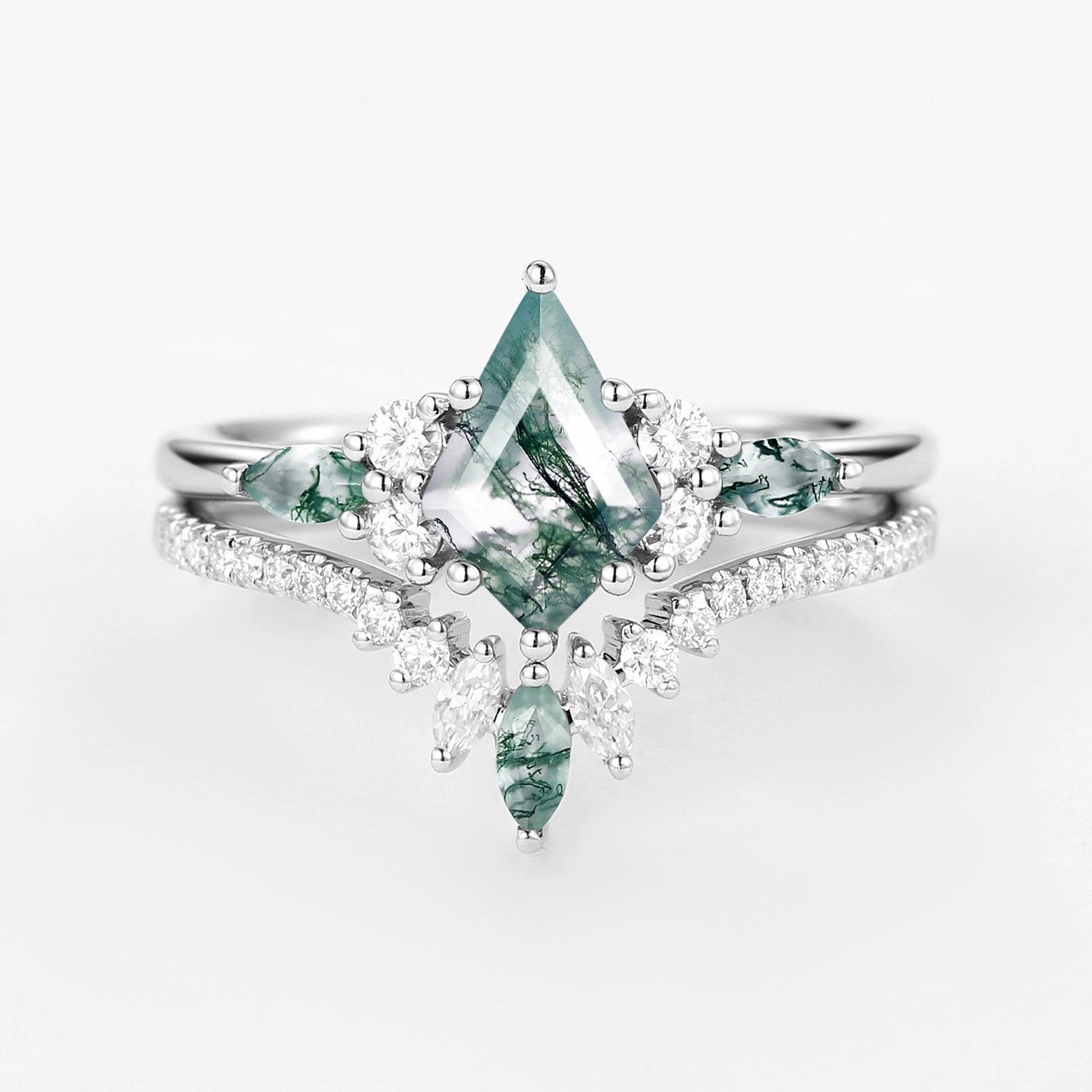 Kite Cut Green Moss Agate Three Stone Engagement Bridal Set 2pcs - Rebecca Radiant Jewelry