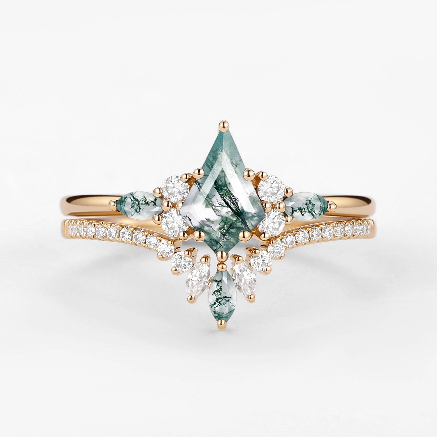 Kite Cut Green Moss Agate Three Stone Engagement Bridal Set 2pcs - Rebecca Handcrafted Pieces