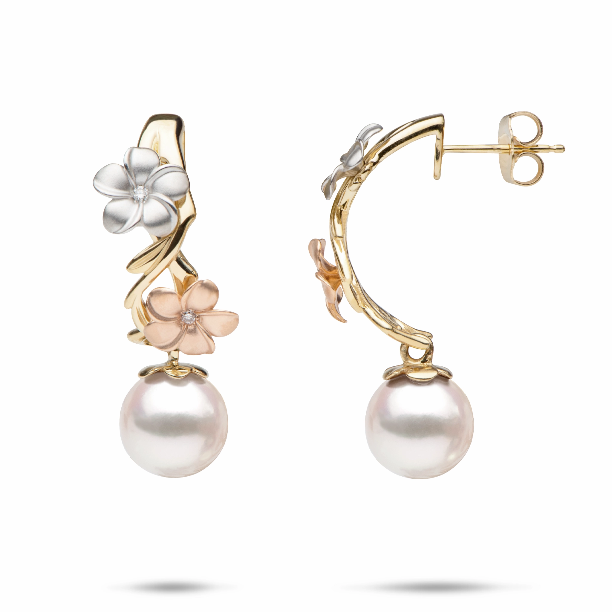 Sleek Mood Chic Fit Pearls in Bloom Plumeria Akoya White Pearl Earrings in Tri Color Gold with Diamonds - 23mm