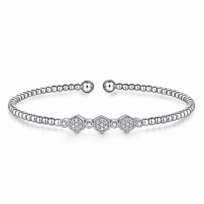 14K White Gold Bujukan Bead and Hexagon Cluster Diamond Bangle Signature Accent