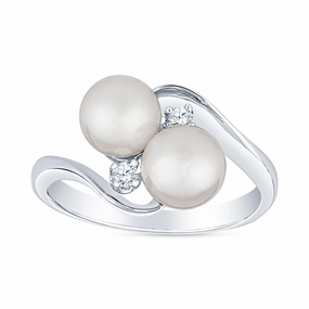 Stylish Layer Shiny Texture Swirl Bypass Two Stone Akoya Cultured Pearl and Diamond Ring