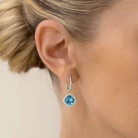 Sweet Spark Swiss Blue Topaz and Diamond Halo Drop Earrings White Gold - Elvira