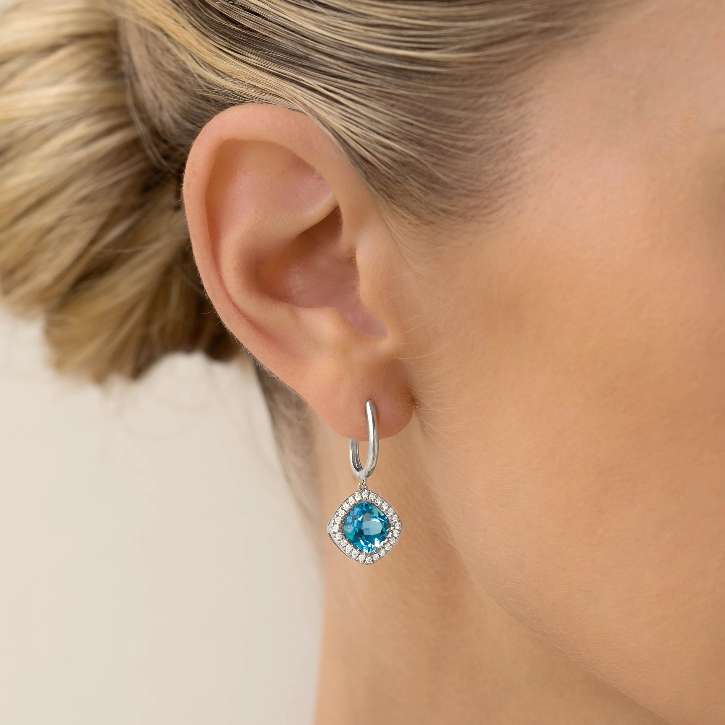 Sweet Spark Swiss Blue Topaz and Diamond Halo Drop Earrings White Gold - Elvira
