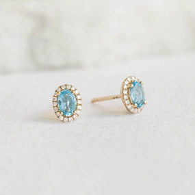 Swiss Blue Topaz Halo Stud Earrings 14k Gold - Marzia Fresh Look
