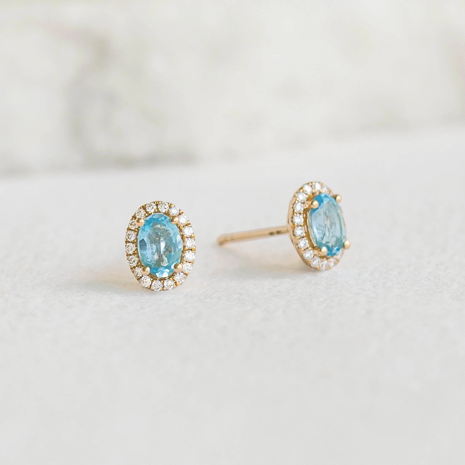 Sleek Accent Smooth Shine Swiss Blue Topaz Halo Stud Earrings 14k Gold - Marzia