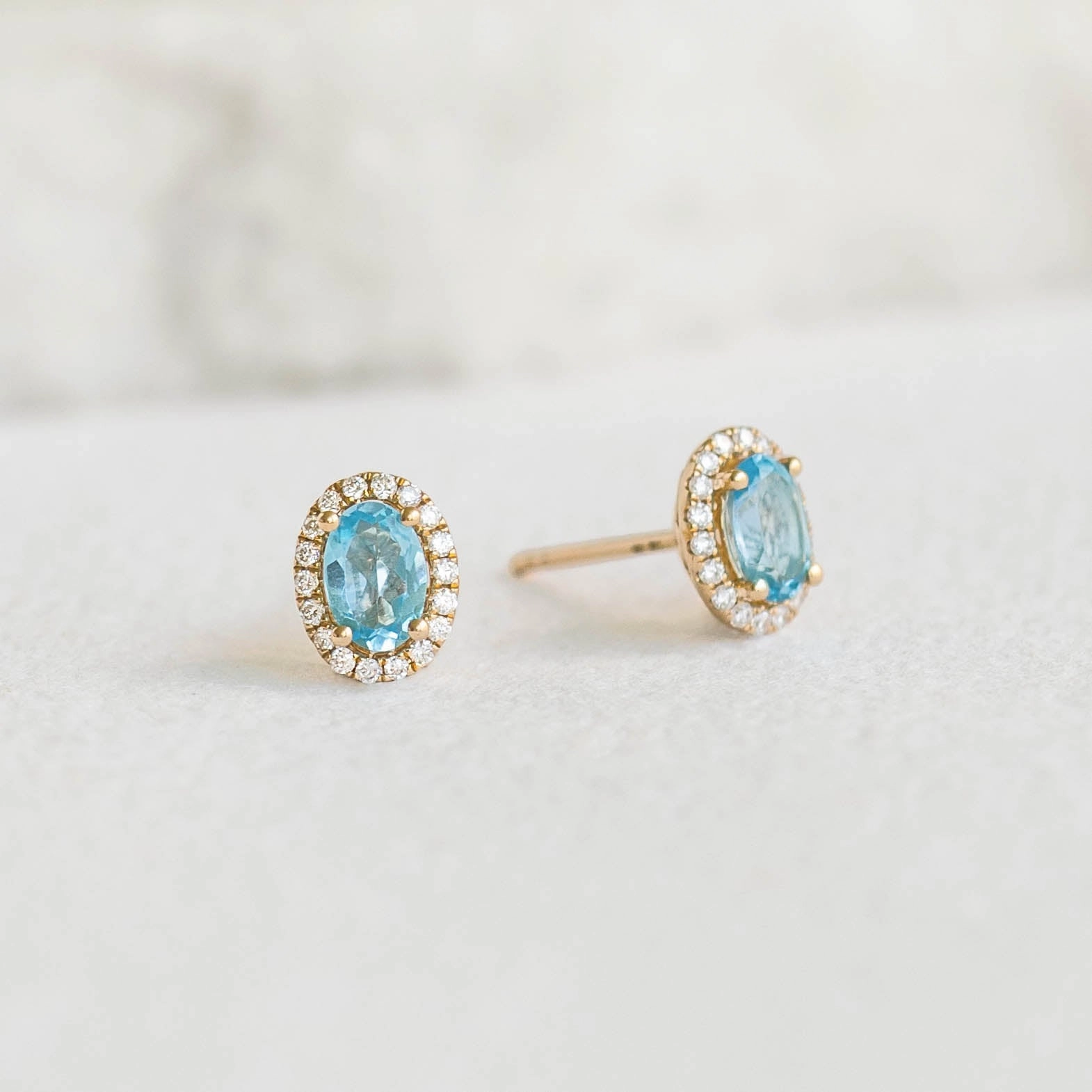 Swiss Blue Topaz Halo Stud Earrings 14k Gold - Marzia Ethereal Mood Gift Option
