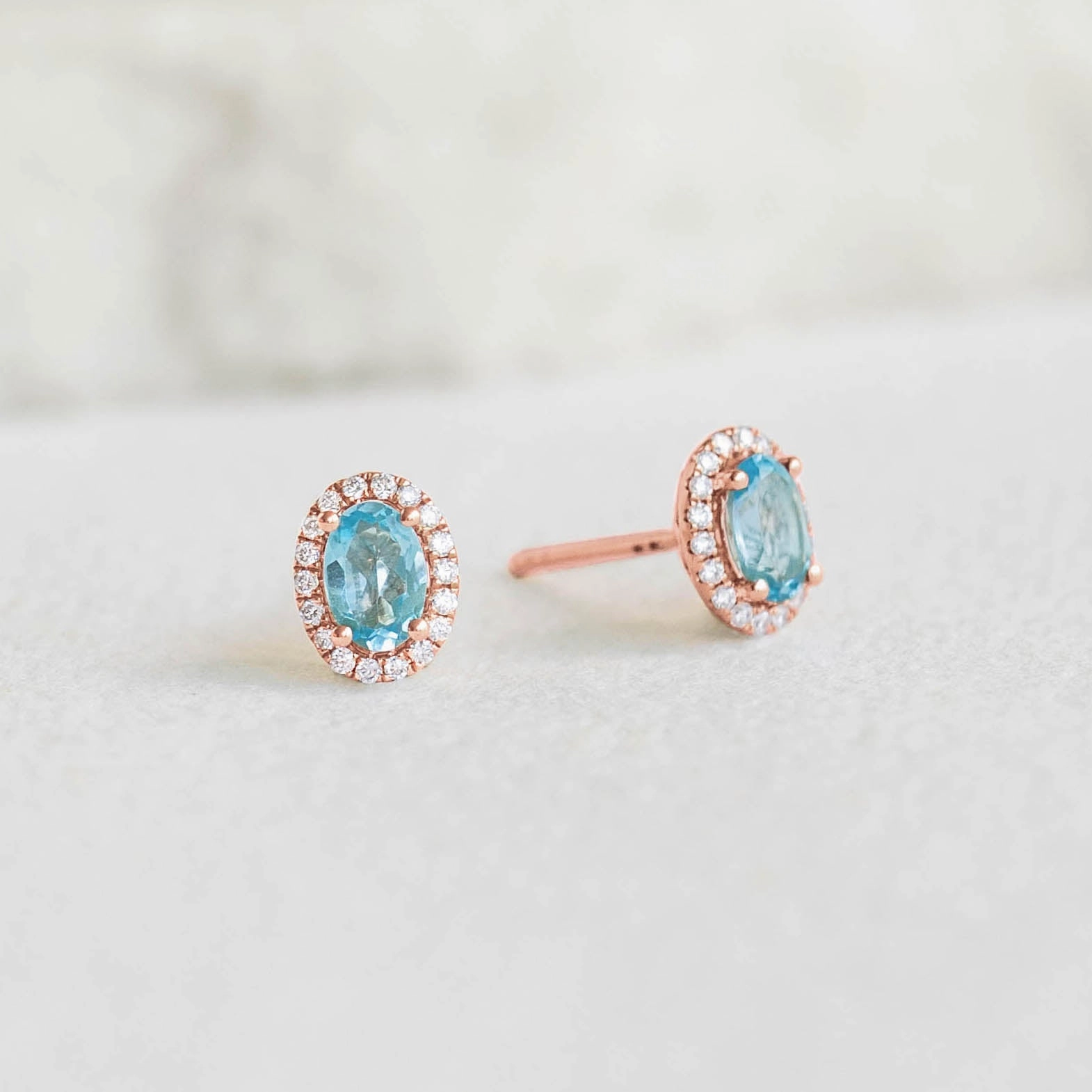 Swiss Blue Topaz Halo Stud Earrings Rose Gold - Marzia Artistic Highlight Trendy Accessories