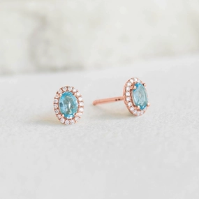 Golden Hour Swiss Blue Topaz Halo Stud Earrings Rose Gold - Marzia