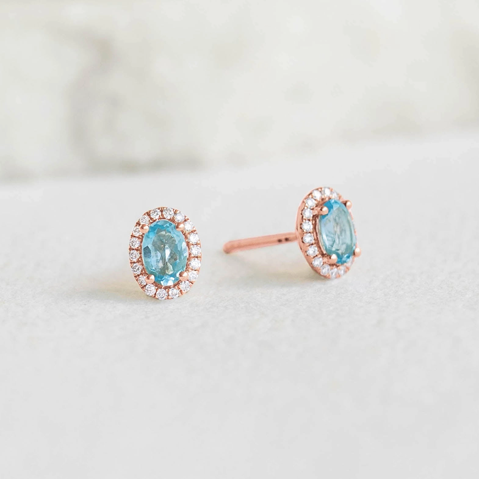 Casual Spark Soft Appeal Swiss Blue Topaz Halo Stud Earrings Rose Gold - Marzia