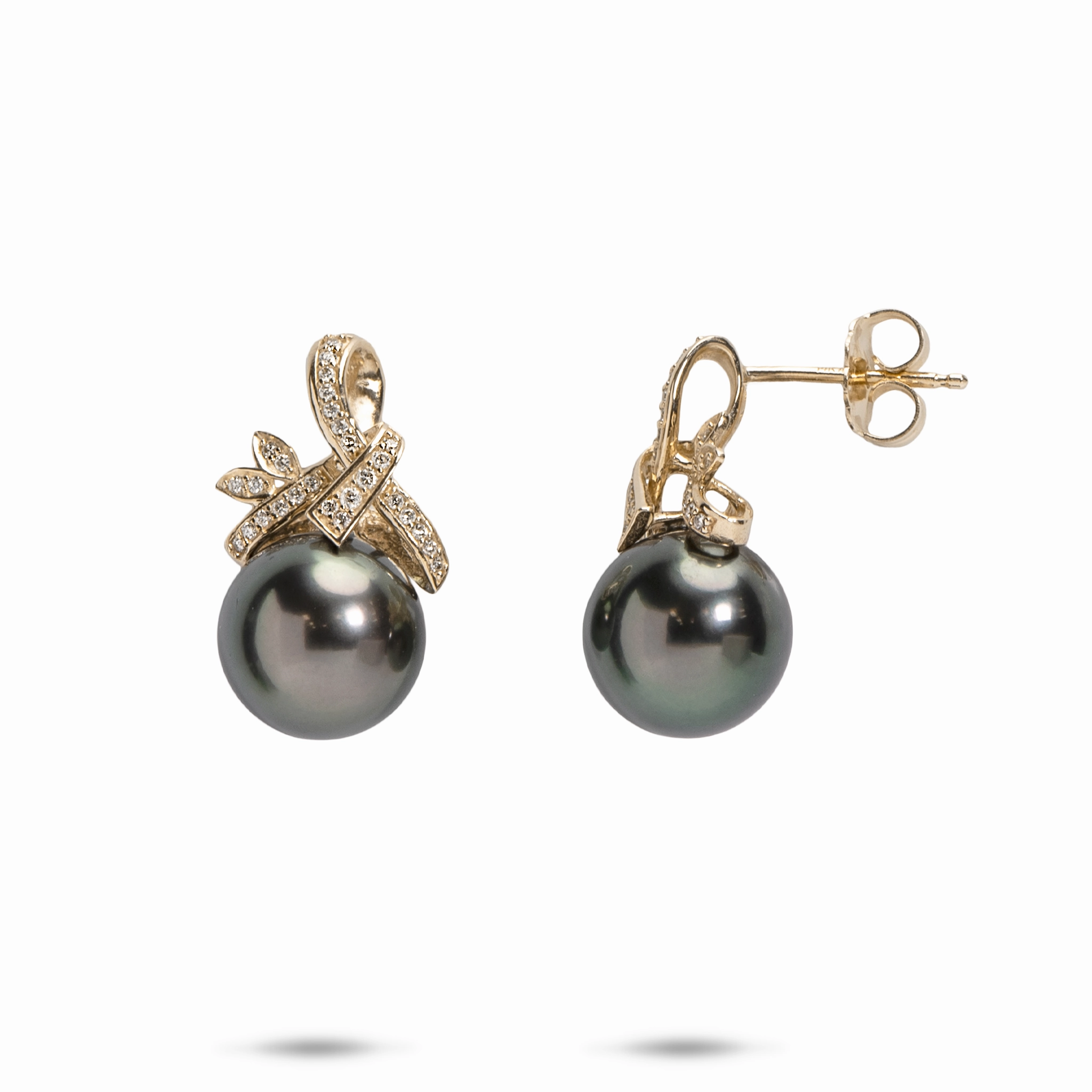 Tahitian Black Pearl Earrings in Gold with Diamonds - 9-10mm Dainty Edge