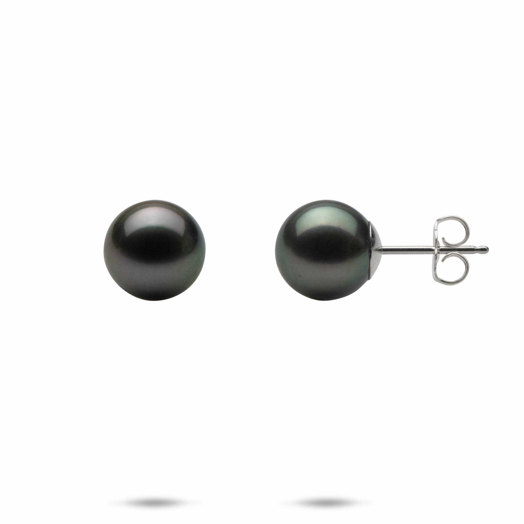Glitter Finish Tahitian Black Pearl Earrings in White Gold - 9-10mm