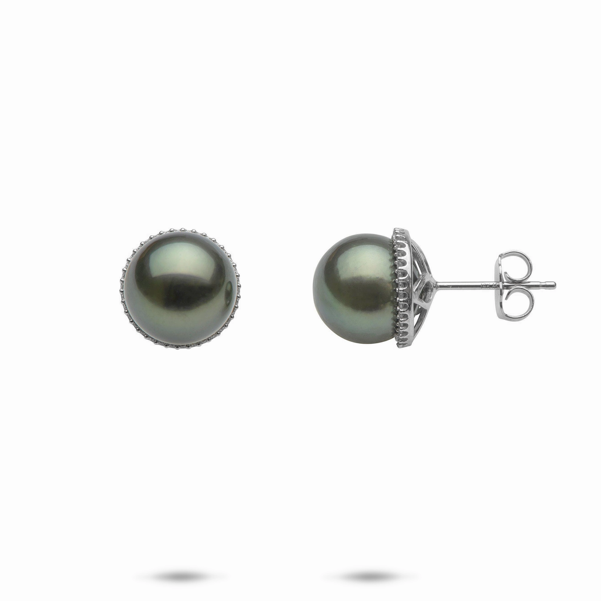 Tahitian Black Pearl Earrings in White Gold with Diamonds - 9-10mm Timeless Shape
