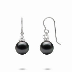 Romantic Fashion Special Occasion Tahitian Black Pearl Earrings in White Gold with Diamonds - 9-10mm