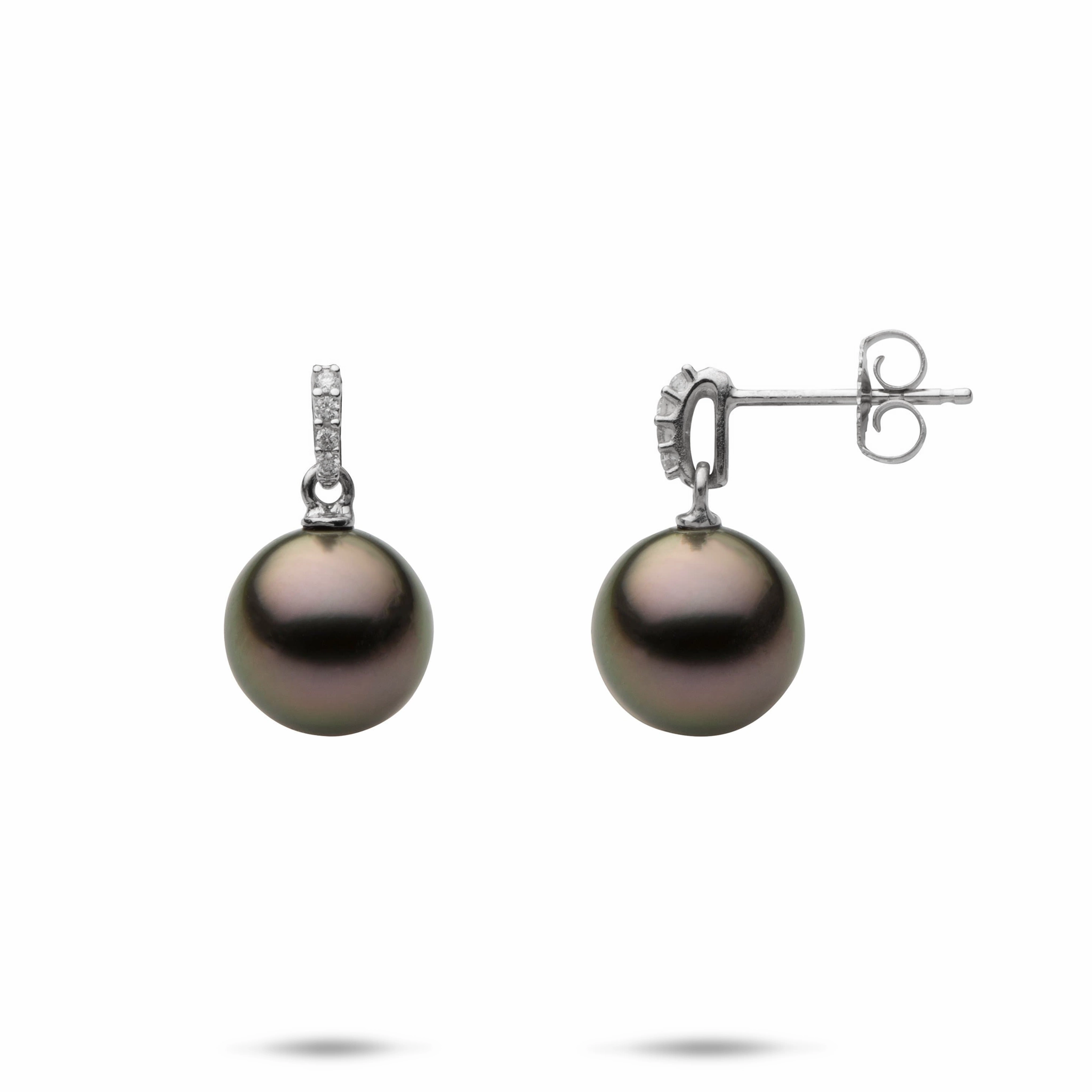 Bright Mood Tahitian Black Pearl Earrings in White Gold with Diamonds - 9-10mm
