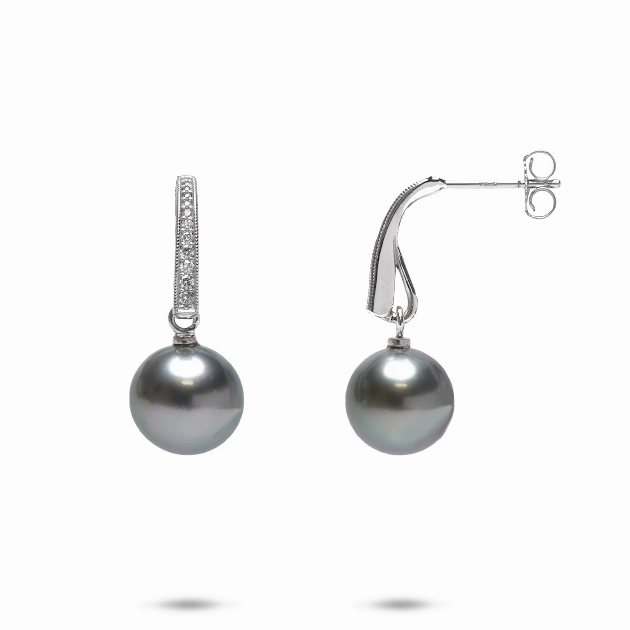 Stylish Line Elite Highlight Tahitian Black Pearl Earrings in White Gold with Diamonds - 9-10mm
