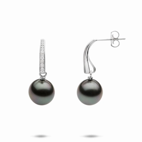 All Day Look Versatile Craft Tahitian Black Pearl Earrings in White Gold with Diamonds - 9-10mm