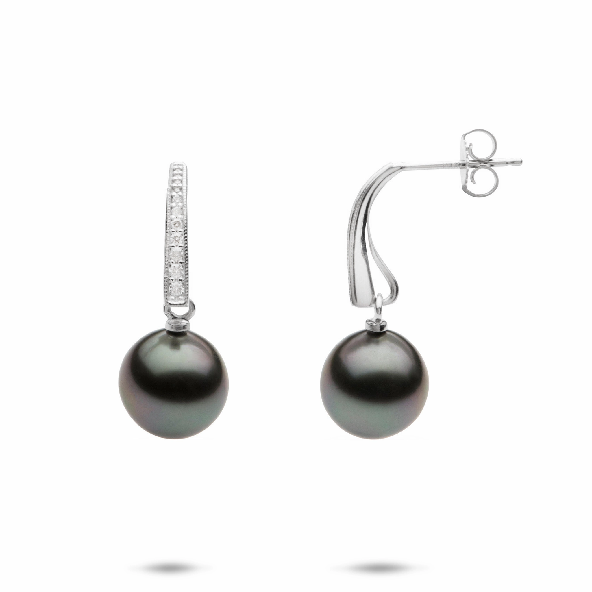 Tahitian Black Pearl Earrings in White Gold with Diamonds - 9-10mm Breezy Look Color Accent
