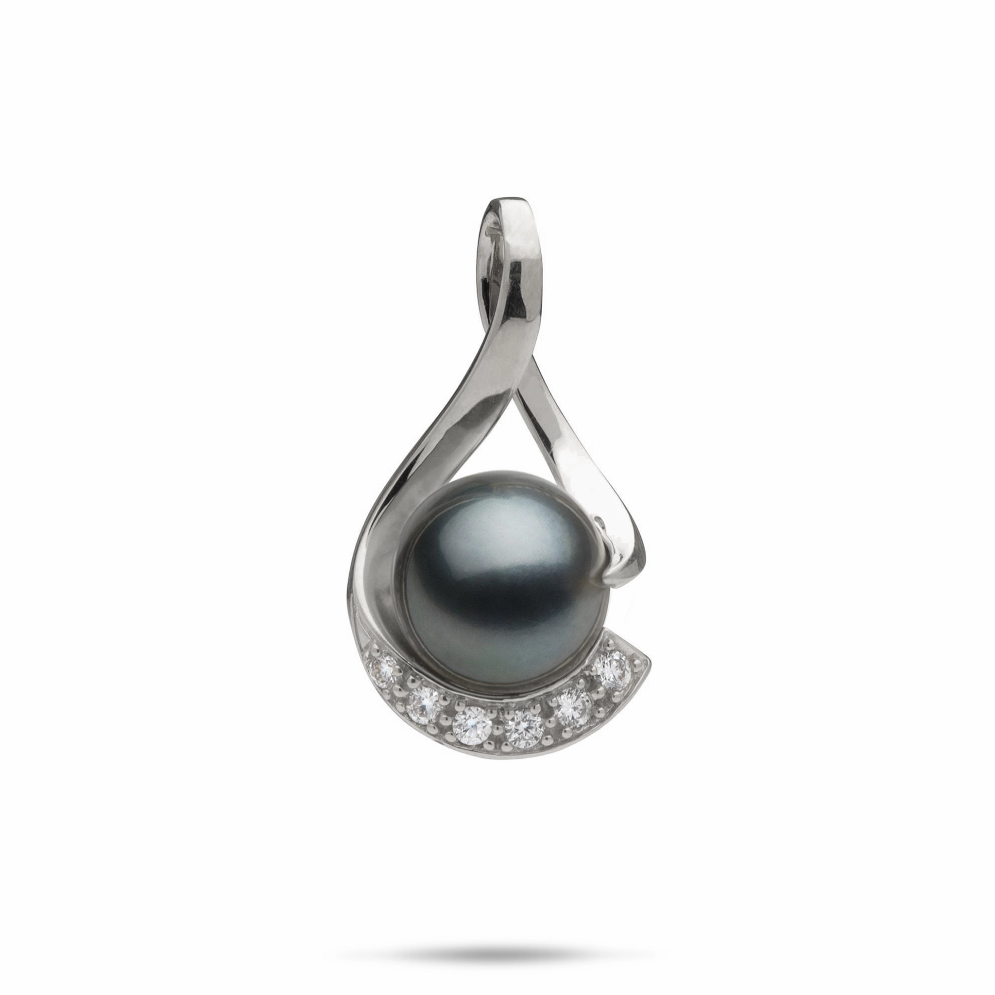 Sleek Highlight Vivid Touch Tahitian Black Pearl Infinity Pendant in White Gold with Diamonds - 11-12mm