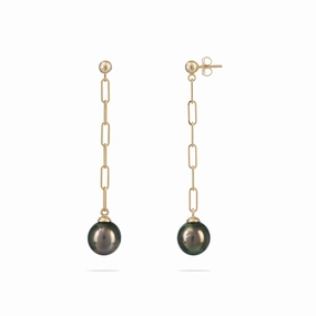 Tahitian Black Pearl Paperclip Chain Earrings in Gold - 9-10mm Vintage Style