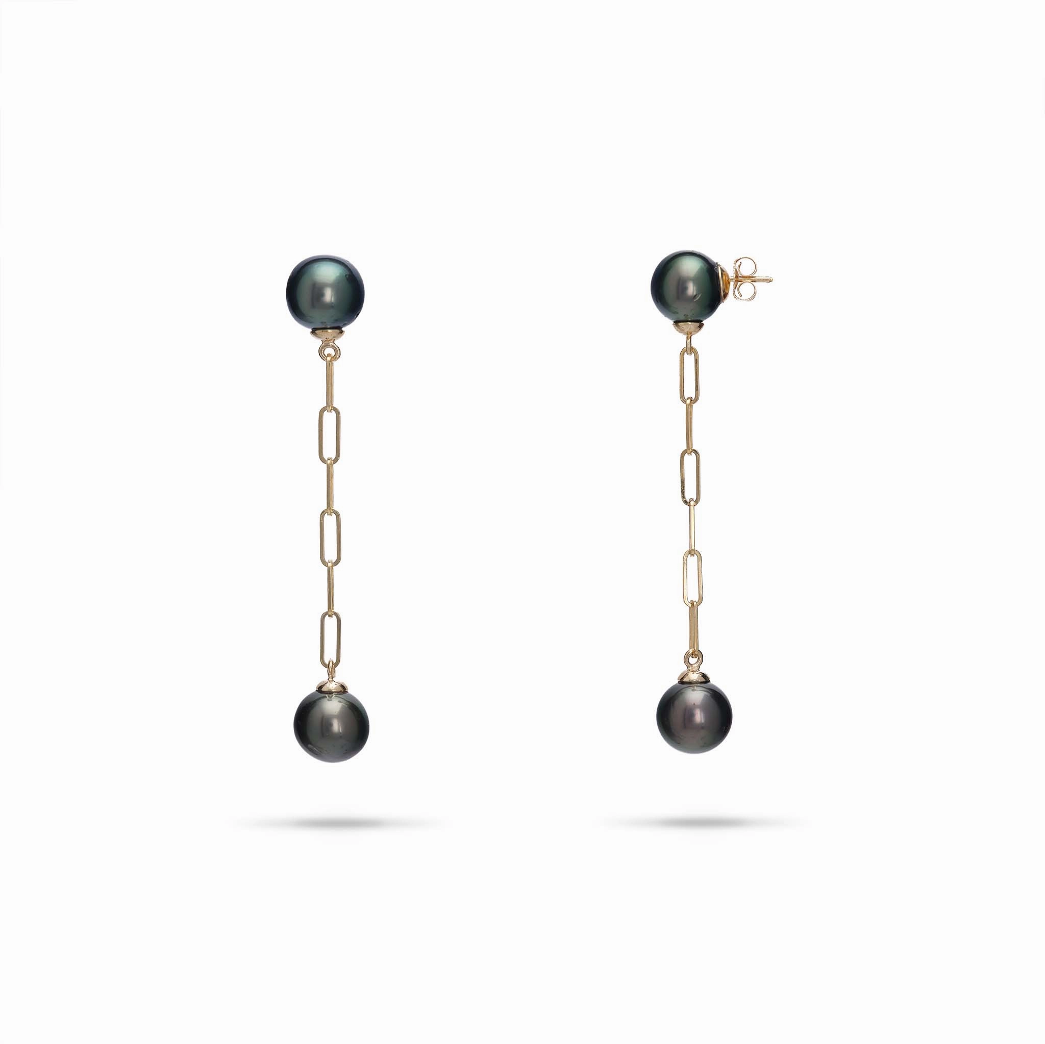 Party Moment Timeless Grace Tahitian Black Pearl Paperclip Chain Earrings in Gold - 9-11mm