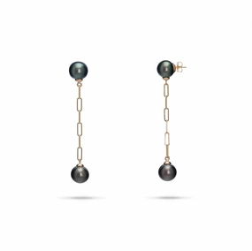 Party Moment Timeless Grace Tahitian Black Pearl Paperclip Chain Earrings in Gold - 9-11mm