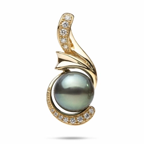 Tahitian Black Pearl Pendant in Gold with Diamonds - 14-15mm Polished Radiance Chic Form
