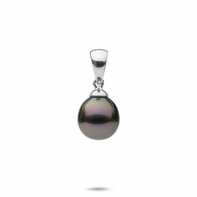 Shiny Accent Tahitian Black Pearl Pendant in White Gold - 8-12mm