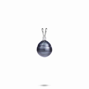 Artisan Crafted Tahitian Black Pearl Pendant in White Gold with Diamond - 8-10mm