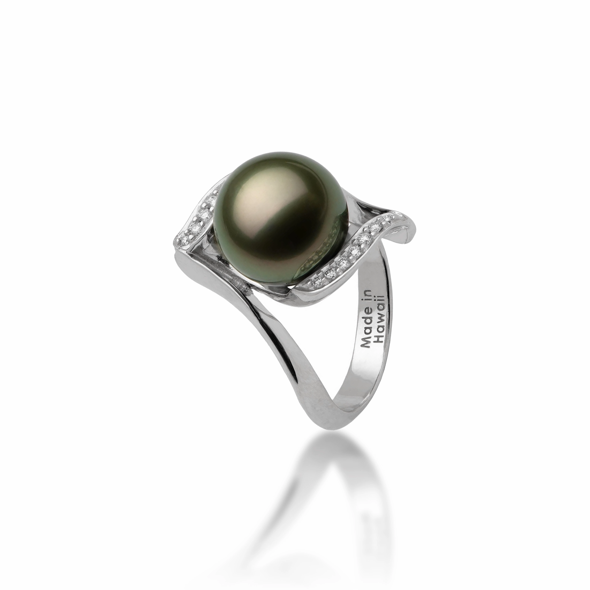 Tahitian Black Pearl Ring in White Gold with Diamonds - 11-12mm Warm Light Gift Fit