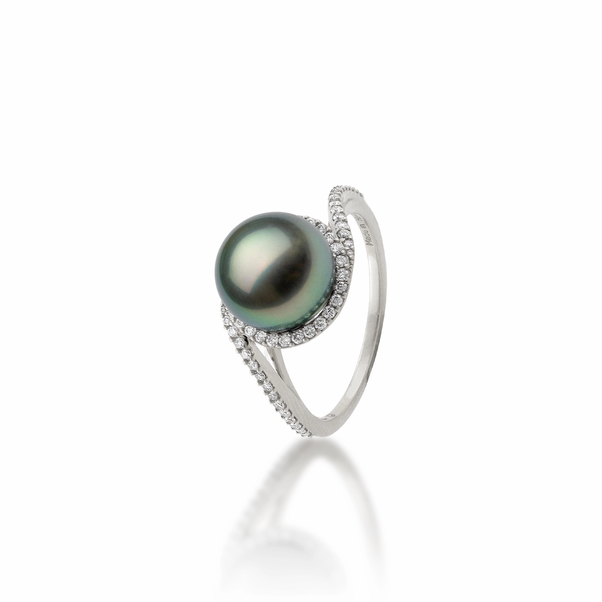 Tahitian Black Pearl Ring in White Gold with Diamonds - 9-10mm Contemporary Accent