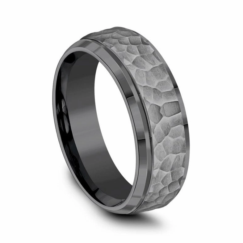 Tantalum Hammered Wedding Band with Beveled Edge Distinctive Design