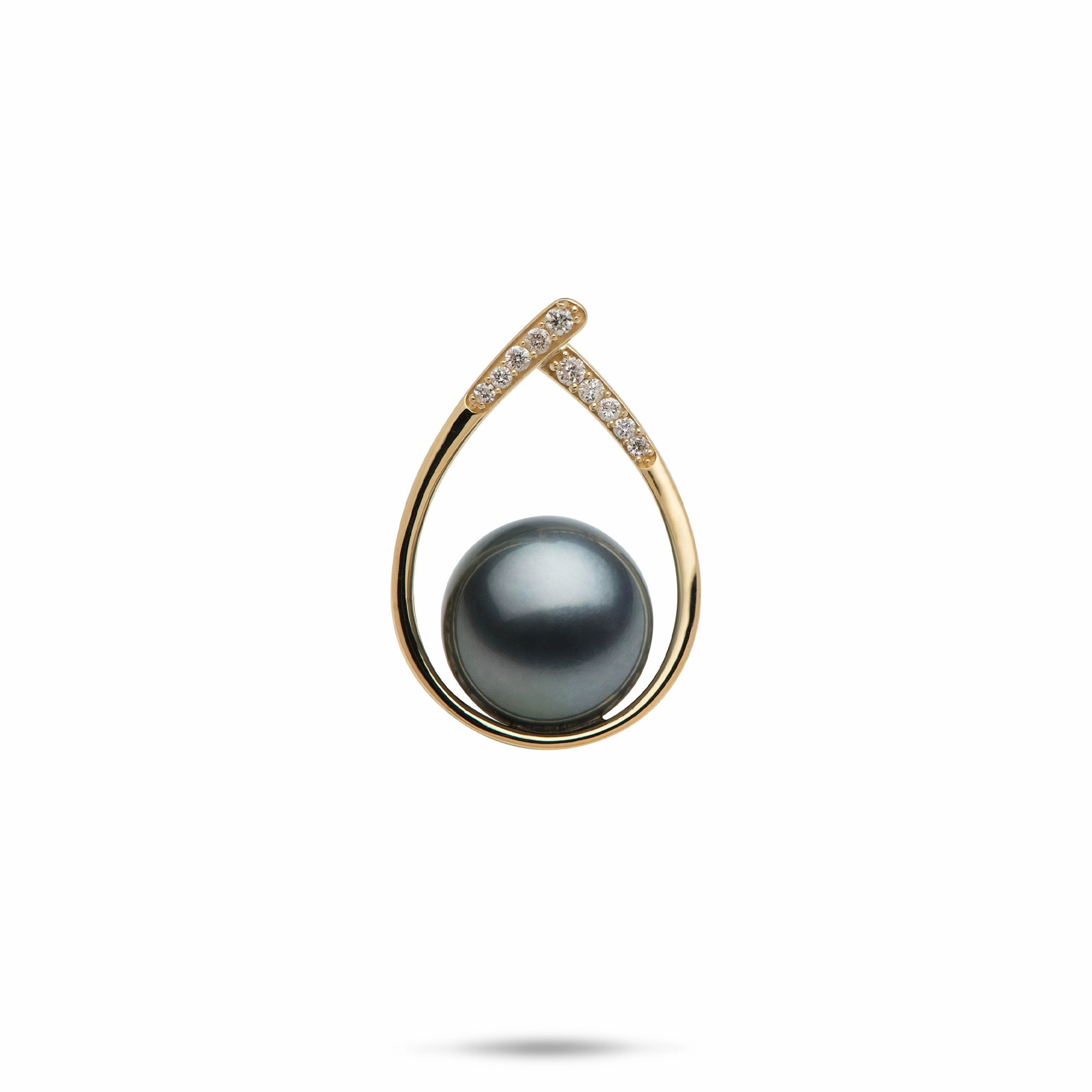 Teardrop Tahitian Black Pearl Pendant in Gold with Diamonds - 10-11mm Texture Highlight Season Match