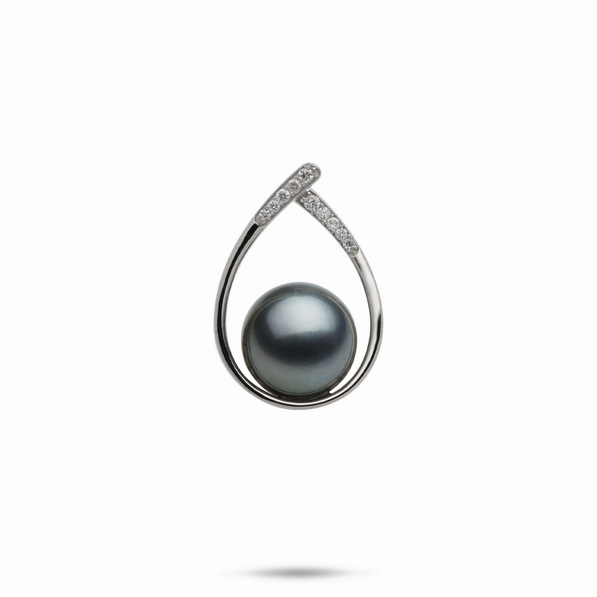 Teardrop Tahitian Black Pearl Pendant in White Gold with Diamonds - 10-11mm Modern Finish