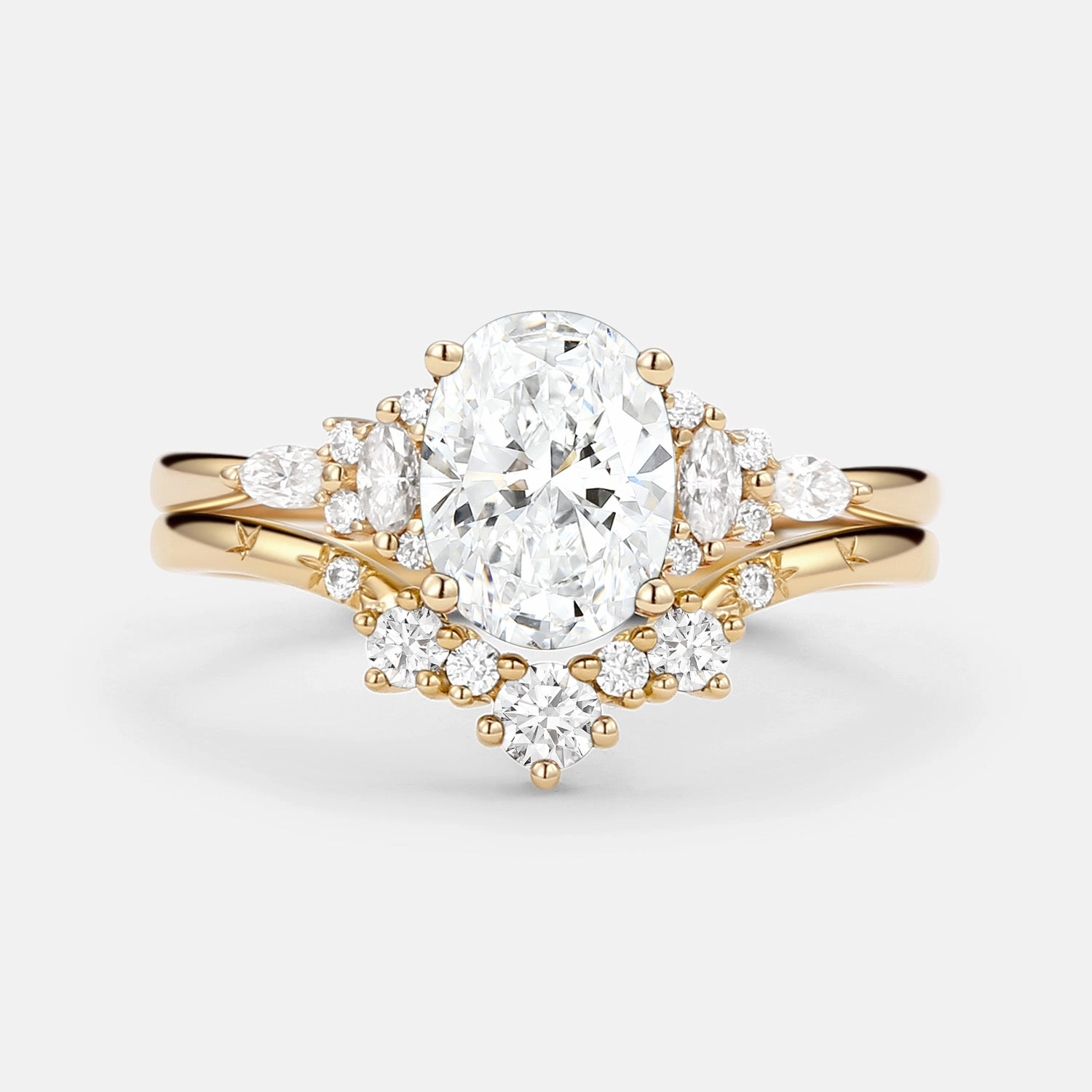 Oval Cut Lab Grown Diamond Engagement Ring Sets 2pcs Cool Layer Elegant Focus