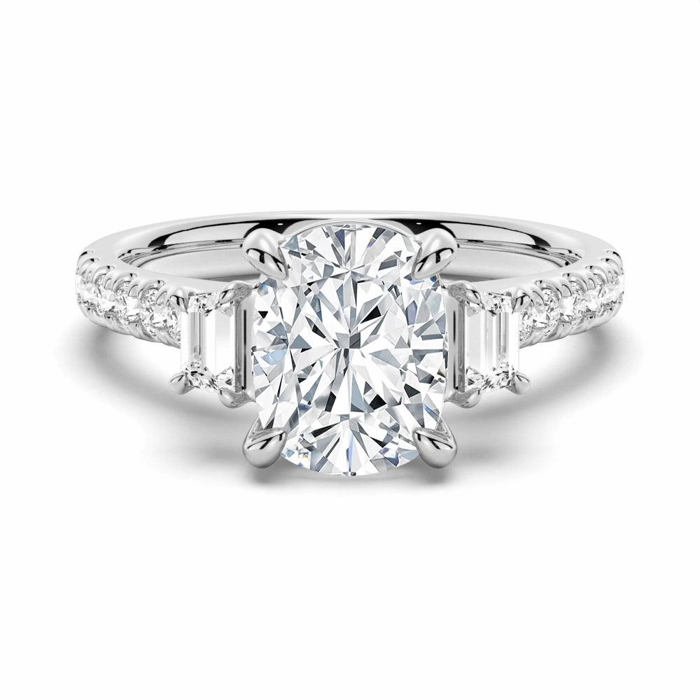 Trendy Edge Three Stone Cushion & Half Moon Moissanite Engagement Ring with Pav?? Band