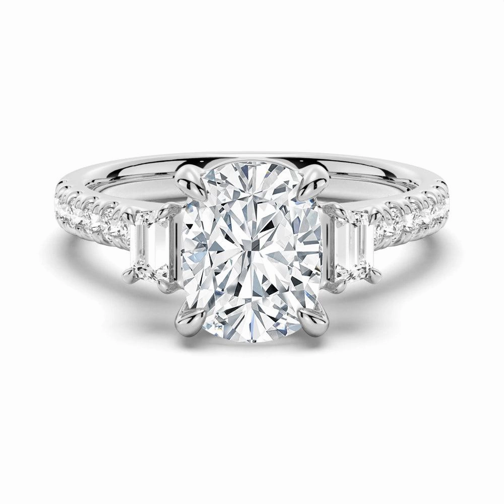 Stunning Finish Gala Look Three Stone Cushion & Half Moon Moissanite Engagement Ring with Pav?? Band