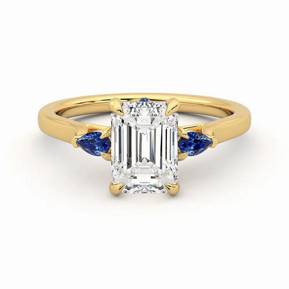 Three Stone Emerald Cut Moissanite Engagement Ring with Hidden Anniversary Stone Accent Delicate Design