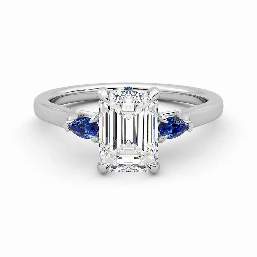 Three Stone Emerald Cut Moissanite Engagement Ring with Hidden Anniversary Stone Accent Brilliant Detail