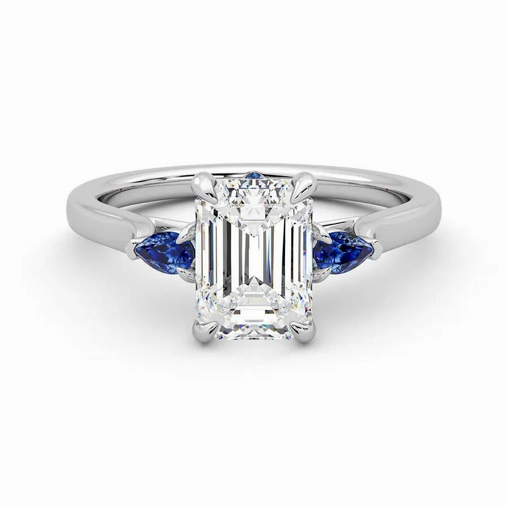 Vibrant Jewelry Shine Finish Office Wear Three Stone Emerald Cut Moissanite Engagement Ring with Hidden Anniversary Stone Accent