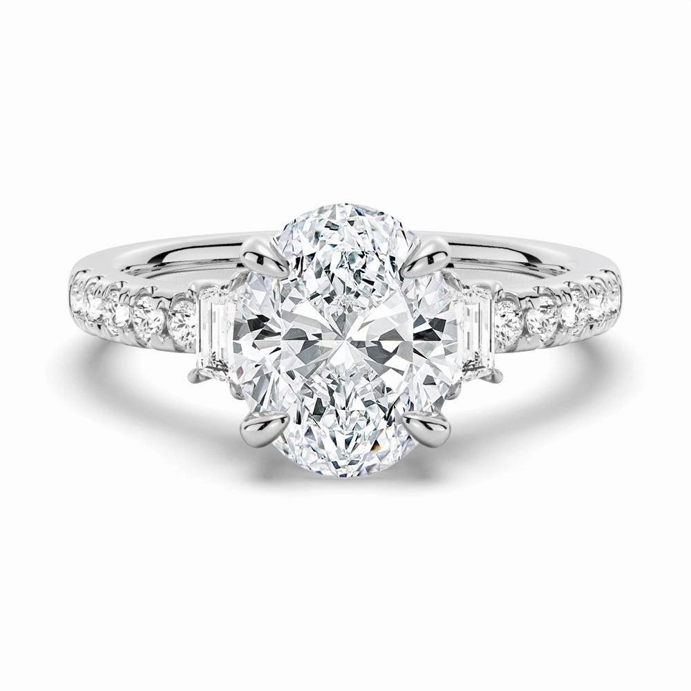 Three Stone Oval & Half Moon Moissanite Engagement Ring with Pav?? Band Timeless Feature