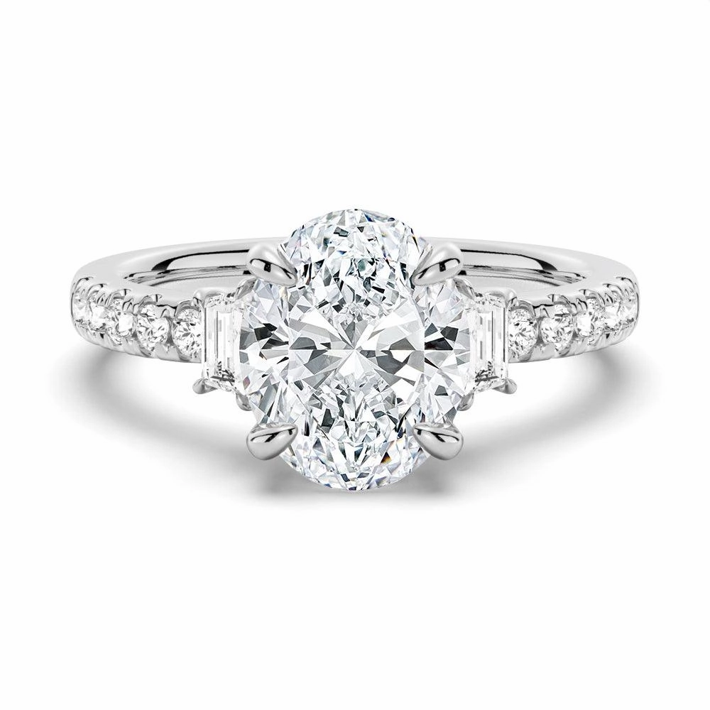 Three Stone Oval & Half Moon Moissanite Engagement Ring with Pav?? Band Perfect Accent Classic Spark