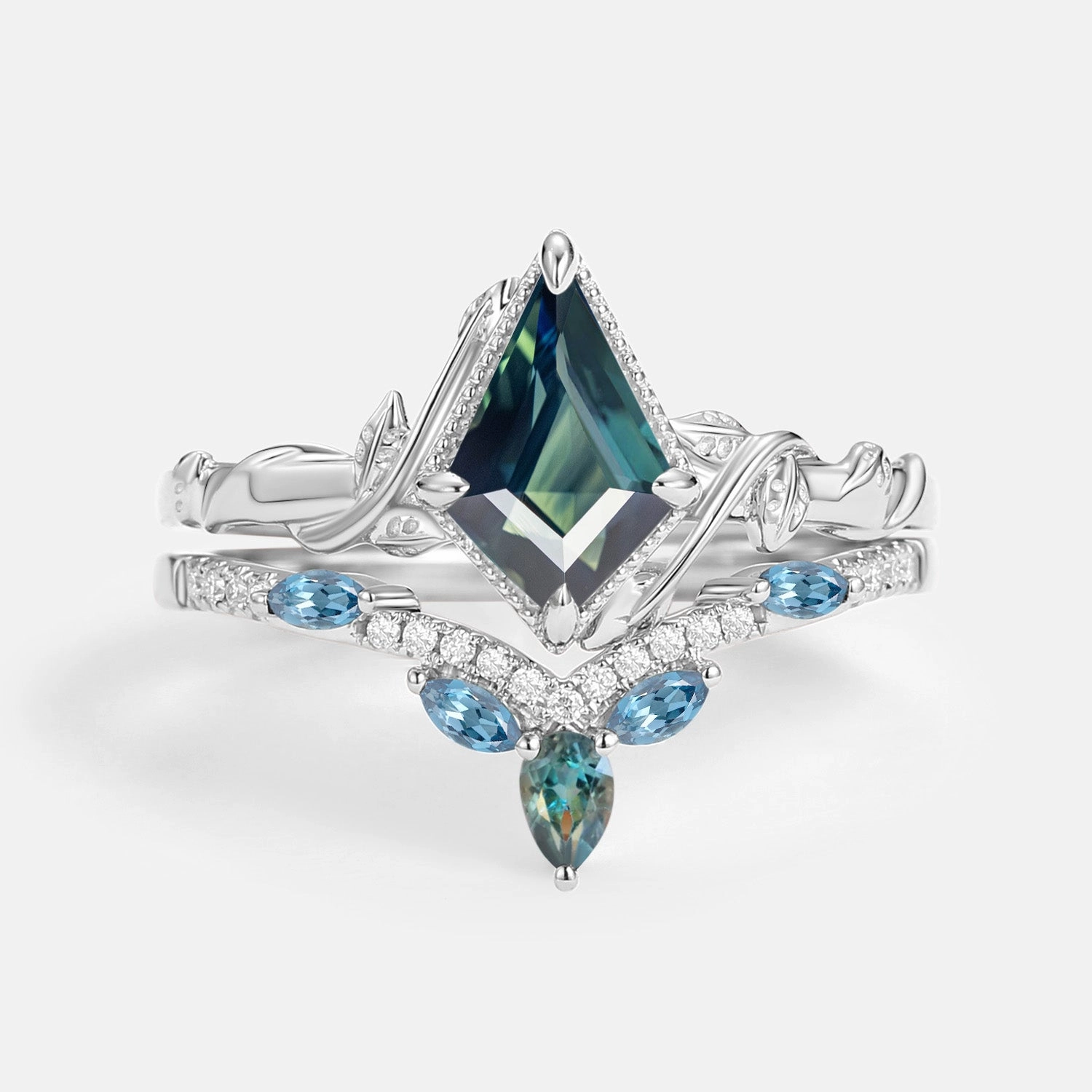 Kite Cut Teal Sapphire & London Blue Topaz Engagement Ring Sets 2pcs - Lark Contemporary Creation